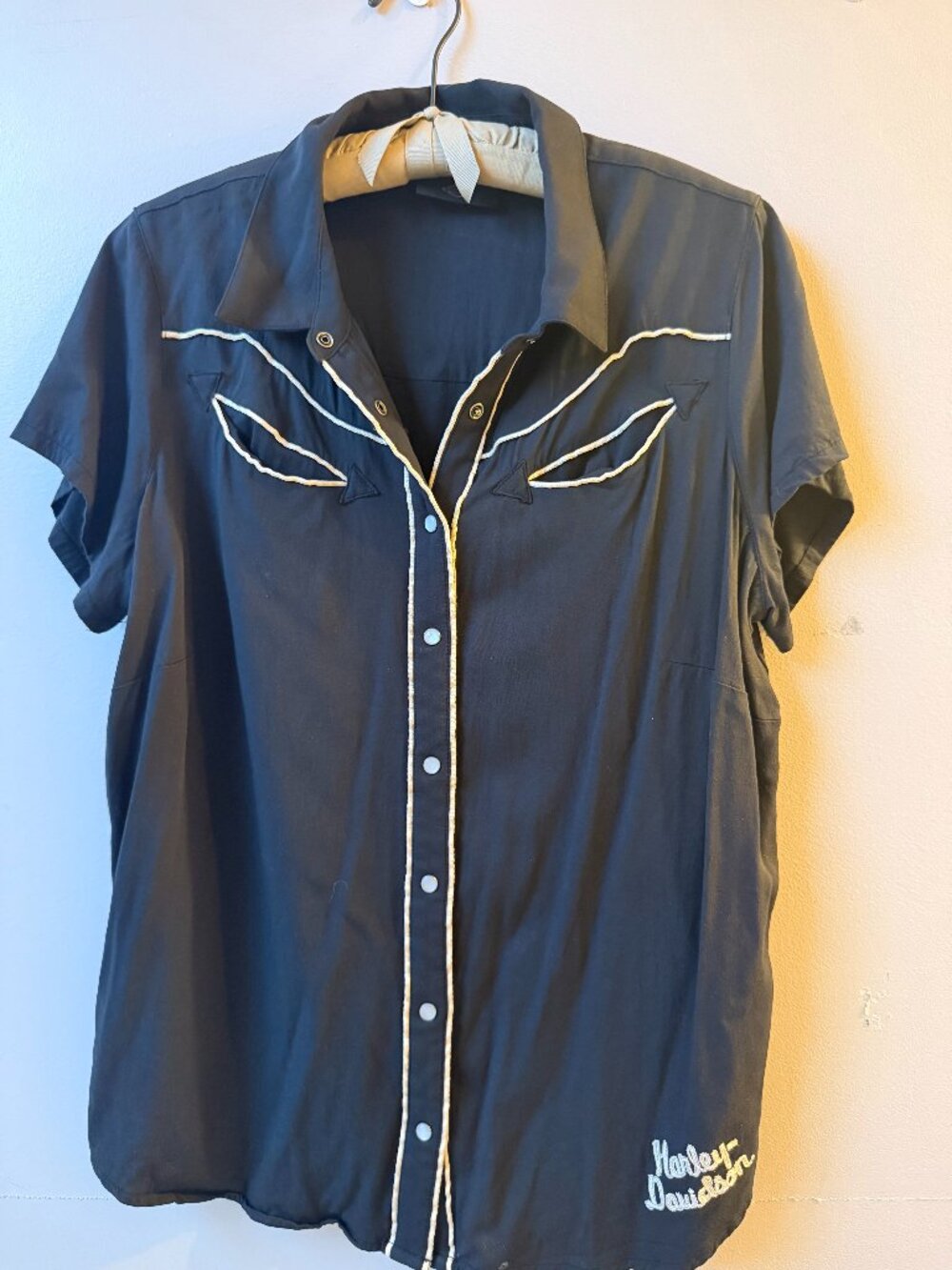 Harley - Davidson Western Shirt Women Plus 1W Pearl Snap Black Embroidered Biker - Picture 1 of 6